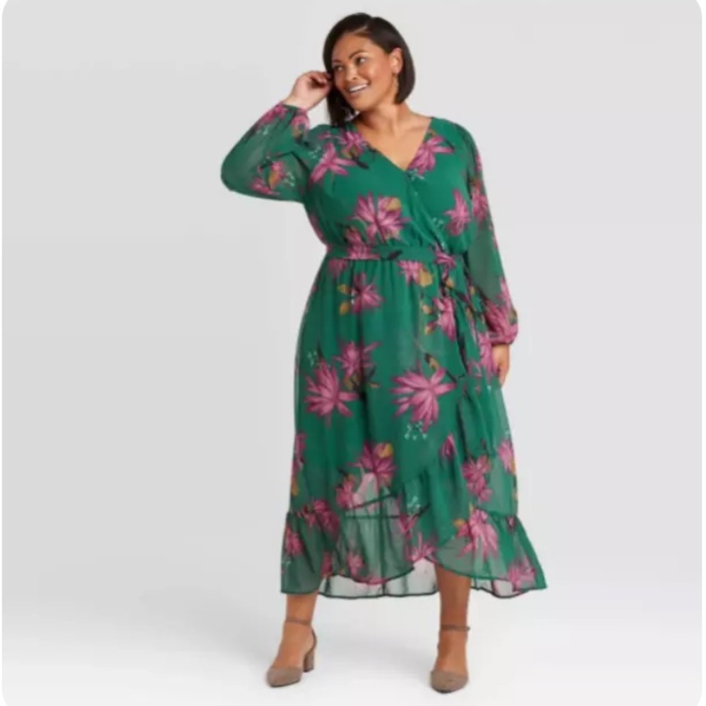 Floral Print Long Sleeve Wrap  Dress